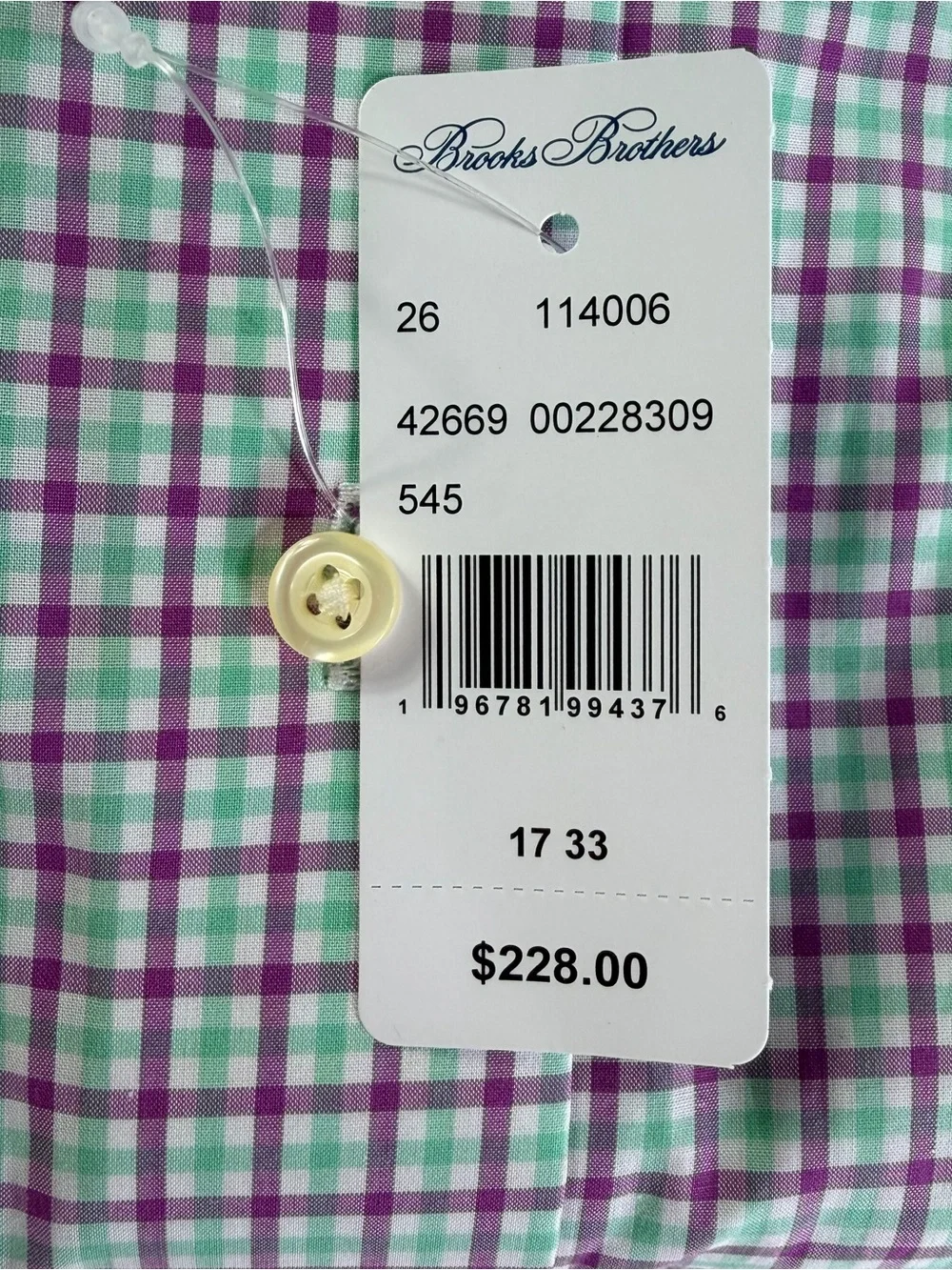 Brooks Brothers Thomas Mason Purple Green Check Dress Shirt NWT 17/33 Slim Fit